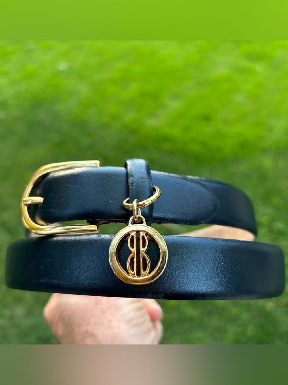 Vintage Bill Blass Belt w/ BB Medallion Charm Dark Navy Blue Leather Size Large